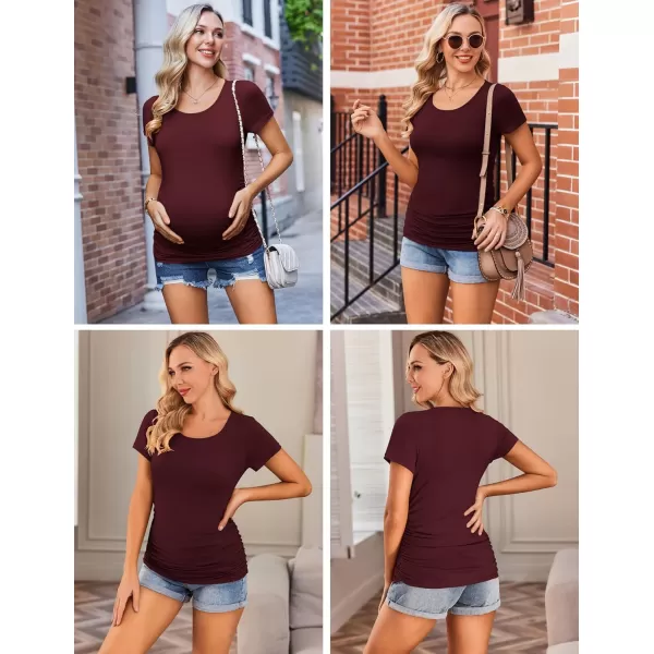 Ekouaer Womens Maternity Shirts 3 Packs Side Ruched Pregnancy Tee Top Tunic Blouse Casual Mama Clothes SXXL3pcs Caramel  Wine Red  Dark Grey