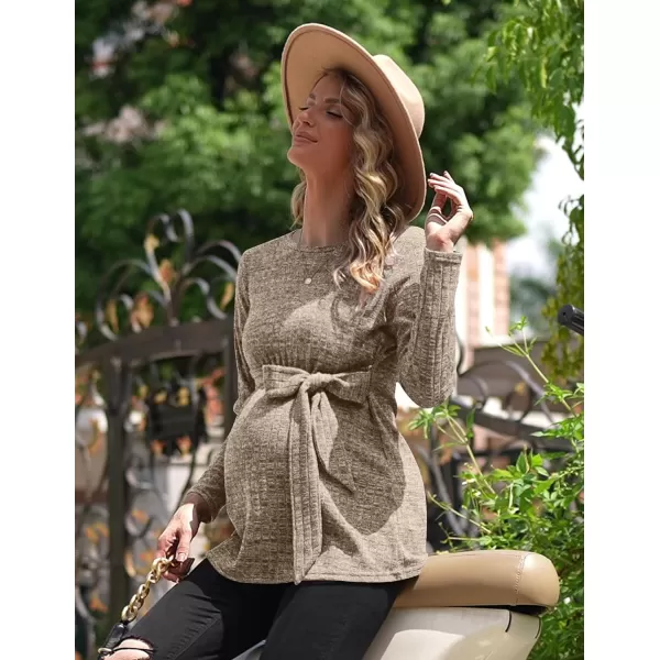 Ekouaer Womens Maternity Shirts Long Sleeve Pregnancy Tops Casual Ribbed Knit Pregnant Blouses SXXLMocha Brown