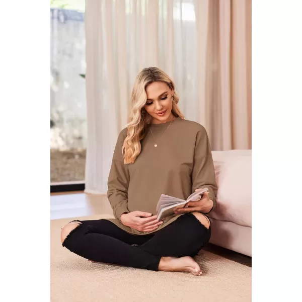 Ekouaer Womens Maternity Shirts Long Sleeve Split Side Pregnancy Tee Top Tunic Blouse Casual Mama ClothesBrown