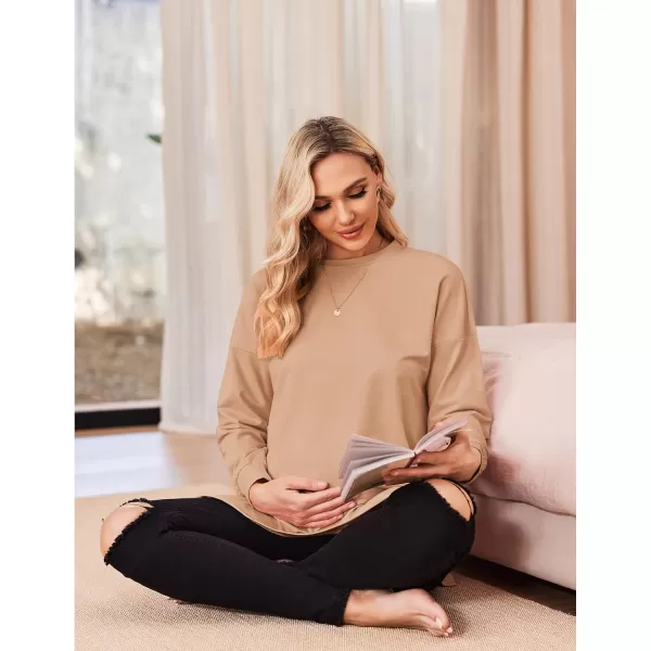 Ekouaer Womens Maternity Shirts Long Sleeve Split Side Pregnancy Tee Top Tunic Blouse Casual Mama ClothesKhaki