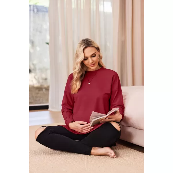 Ekouaer Womens Maternity Shirts Long Sleeve Split Side Pregnancy Tee Top Tunic Blouse Casual Mama ClothesWine Red