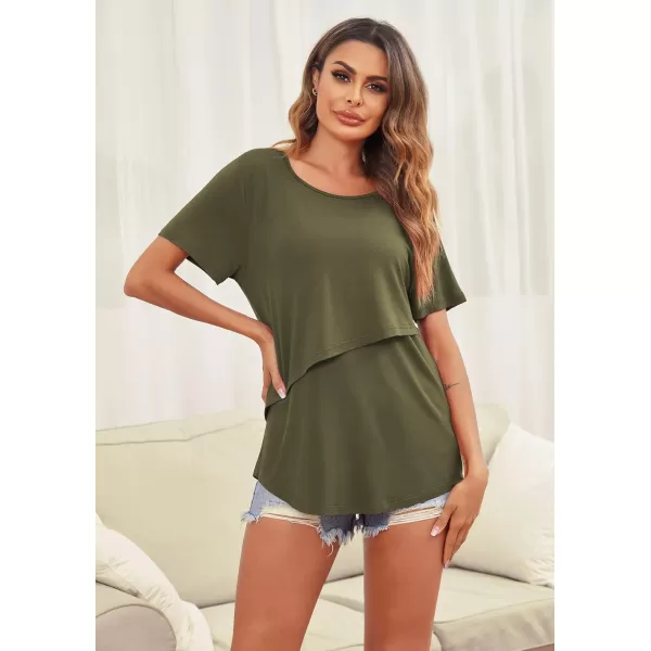 Ekouaer Womens Maternity Shirts Short Sleeves Nursing Tops 3 Pack Double Laye Breastfeeding Tees Pregnancy Clothes SXXLB1pcs Army Green