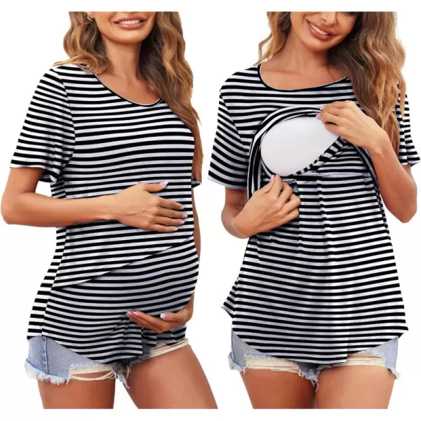 Ekouaer Womens Maternity Shirts Short Sleeves Nursing Tops 3 Pack Double Laye Breastfeeding Tees Pregnancy Clothes SXXLB1pcs Stripe1