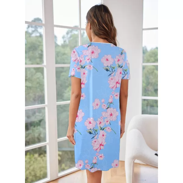 Ekouaer Womens Nightgown Button Down Nightshirt Short Sleeve Sleepshirt Soft V Neck Sleepwear Pajama DressLight Blue