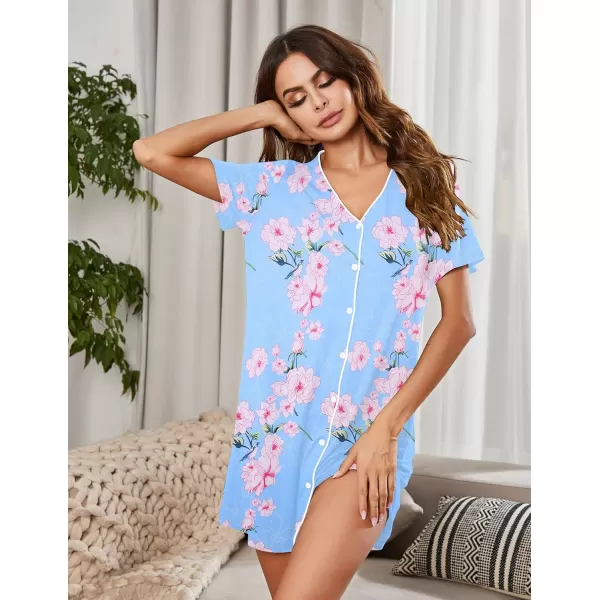 Ekouaer Womens Nightgown Button Down Nightshirt Short Sleeve Sleepshirt Soft V Neck Sleepwear Pajama DressLight Blue