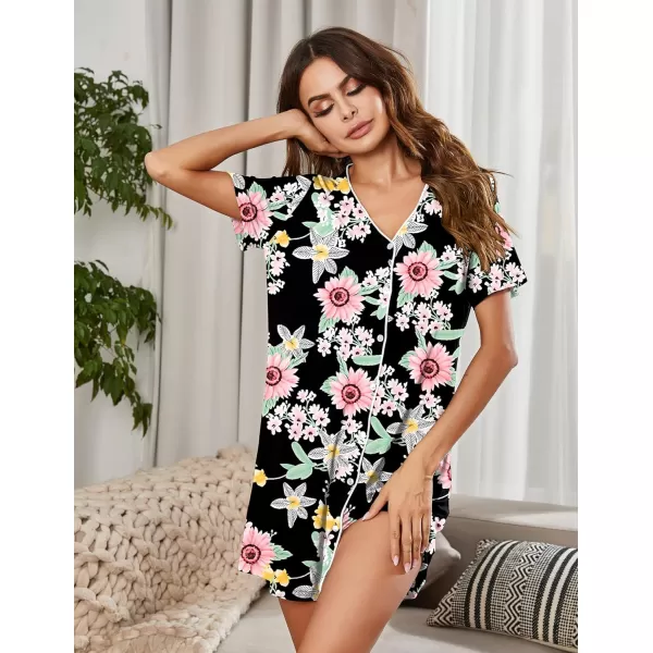 Ekouaer Womens Nightgown Button Down Nightshirt Short Sleeve Sleepshirt Soft V Neck Sleepwear Pajama DressPink Flowers