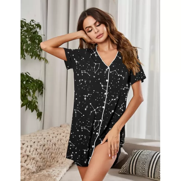 Ekouaer Womens Nightgown Button Down Nightshirt Short Sleeve Sleepshirt Soft V Neck Sleepwear Pajama DressStarry Sky Black