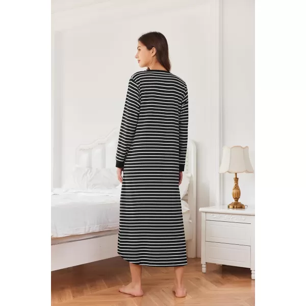 Ekouaer Womens Nightgown Long Loungewear V Neck Nightshirt Sleepwear Full Length Sleepshirt with PocketsAblack Stripe