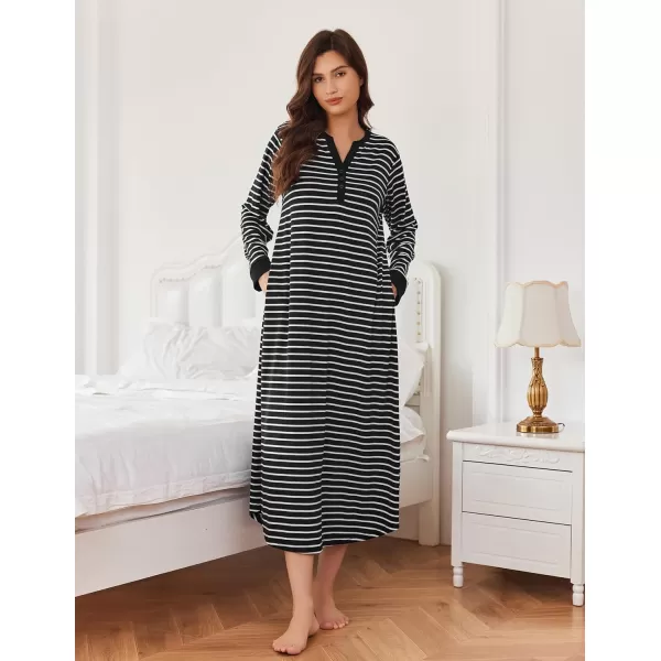 Ekouaer Womens Nightgown Long Loungewear V Neck Nightshirt Sleepwear Full Length Sleepshirt with PocketsAblack Stripe