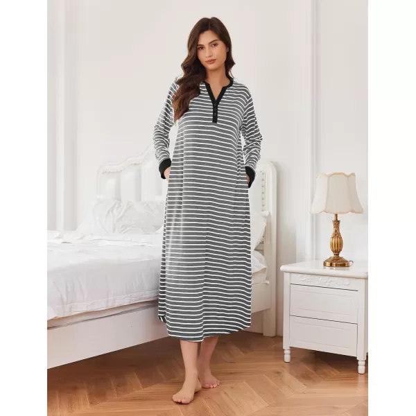 Ekouaer Womens Nightgown Long Loungewear V Neck Nightshirt Sleepwear Full Length Sleepshirt with PocketsAgrey White Striped