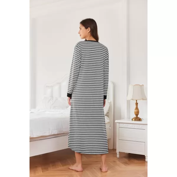 Ekouaer Womens Nightgown Long Loungewear V Neck Nightshirt Sleepwear Full Length Sleepshirt with PocketsAgrey White Striped