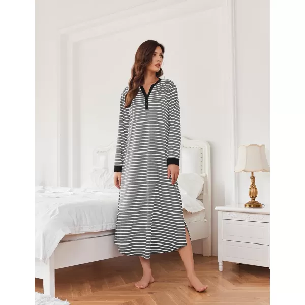 Ekouaer Womens Nightgown Long Loungewear V Neck Nightshirt Sleepwear Full Length Sleepshirt with PocketsAgrey White Striped