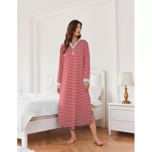 Ekouaer Womens Nightgown Long Loungewear V Neck Nightshirt Sleepwear Full Length Sleepshirt with PocketsAred Stripe