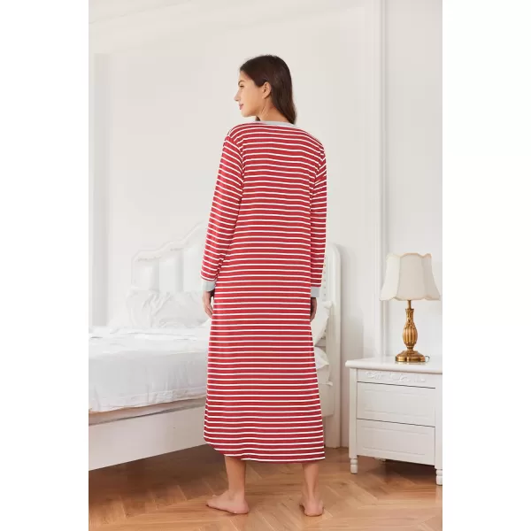 Ekouaer Womens Nightgown Long Loungewear V Neck Nightshirt Sleepwear Full Length Sleepshirt with PocketsAred Stripe
