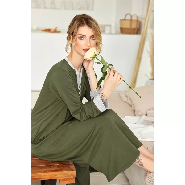 Ekouaer Womens Nightgown Long Loungewear V Neck Nightshirt Sleepwear Full Length Sleepshirt with PocketsBarmy Green