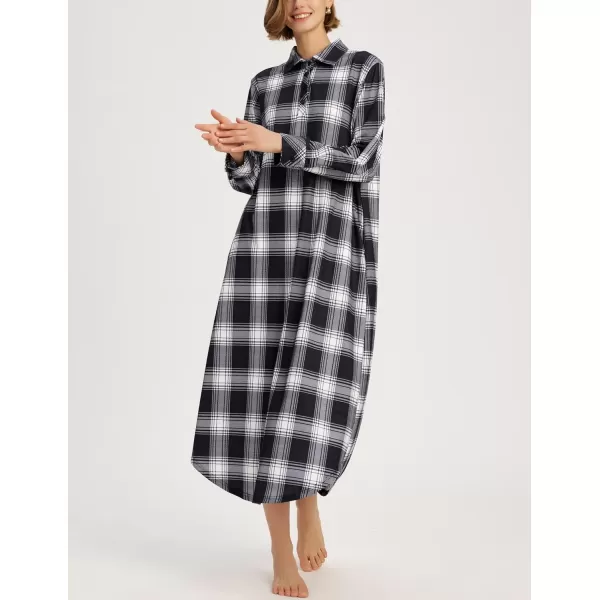 Ekouaer Womens Nightgown Long Sleeve Nightshirt Full Length Loungewear Plaid Sleepwear With PocketsBlack White Plaid