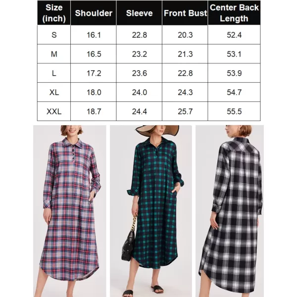 Ekouaer Womens Nightgown Long Sleeve Nightshirt Full Length Loungewear Plaid Sleepwear With PocketsBlack White Plaid