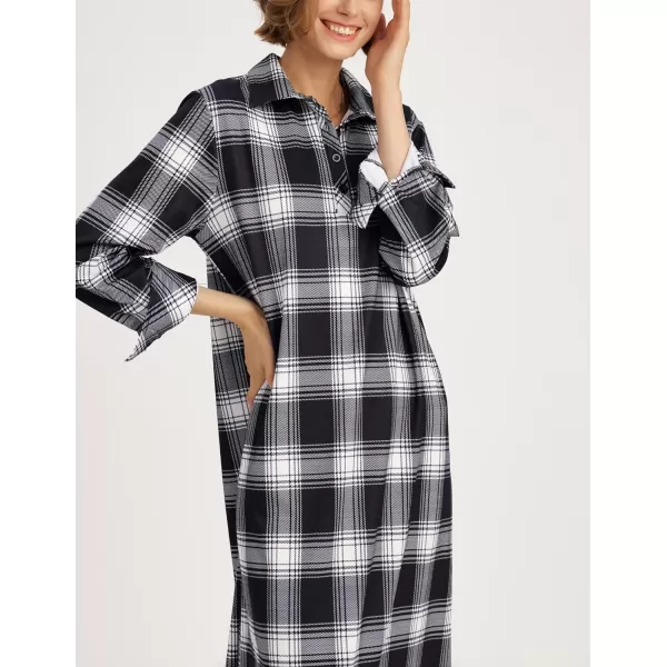 Ekouaer Womens Nightgown Long Sleeve Nightshirt Full Length Loungewear Plaid Sleepwear With PocketsBlack White Plaid