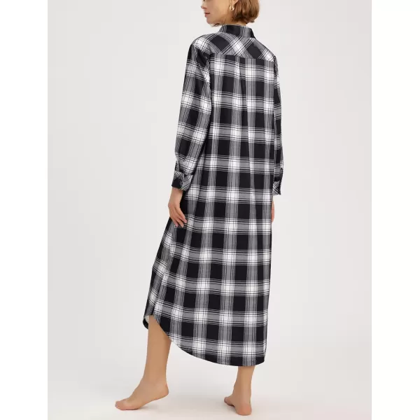 Ekouaer Womens Nightgown Long Sleeve Nightshirt Full Length Loungewear Plaid Sleepwear With PocketsBlack White Plaid