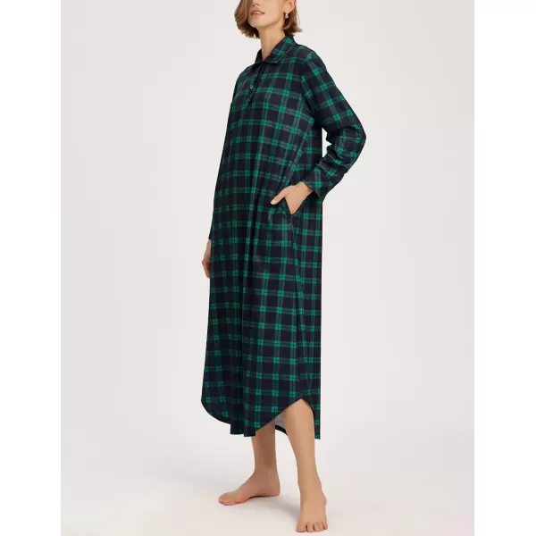 Ekouaer Womens Nightgown Long Sleeve Nightshirt Full Length Loungewear Plaid Sleepwear With PocketsGreen Plaid