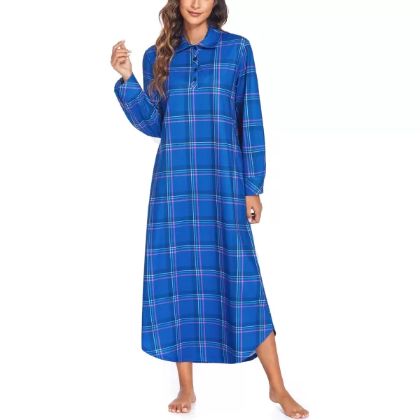 Ekouaer Womens Nightgown Long Sleeve Nightshirt Full Length Loungewear Plaid Sleepwear With PocketsLong Sleeveblue Plaid