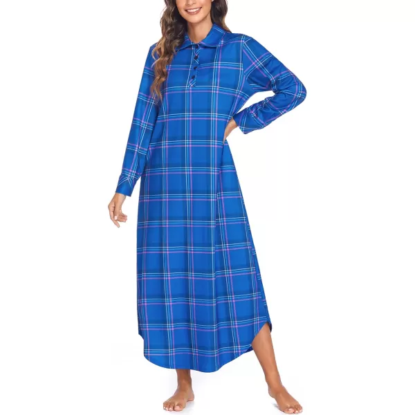 Ekouaer Womens Nightgown Long Sleeve Nightshirt Full Length Loungewear Plaid Sleepwear With PocketsLong Sleeveblue Plaid