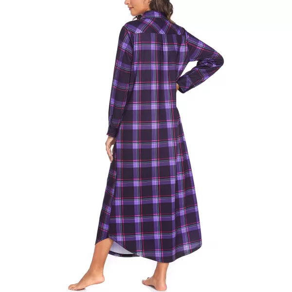 Ekouaer Womens Nightgown Long Sleeve Nightshirt Full Length Loungewear Plaid Sleepwear With PocketsLong Sleevepurple Plaid