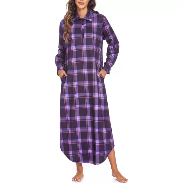 Ekouaer Womens Nightgown Long Sleeve Nightshirt Full Length Loungewear Plaid Sleepwear With PocketsLong Sleevepurple Plaid