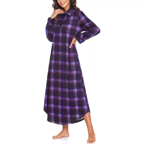 Ekouaer Womens Nightgown Long Sleeve Nightshirt Full Length Loungewear Plaid Sleepwear With PocketsLong Sleevepurple Plaid