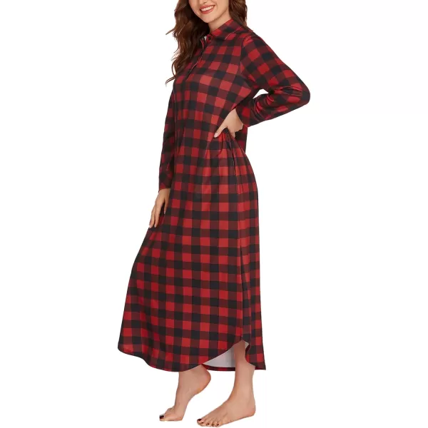 Ekouaer Womens Nightgown Long Sleeve Nightshirt Full Length Loungewear Plaid Sleepwear With PocketsLong Sleevered Plaid