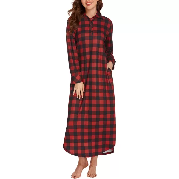 Ekouaer Womens Nightgown Long Sleeve Nightshirt Full Length Loungewear Plaid Sleepwear With PocketsLong Sleevered Plaid