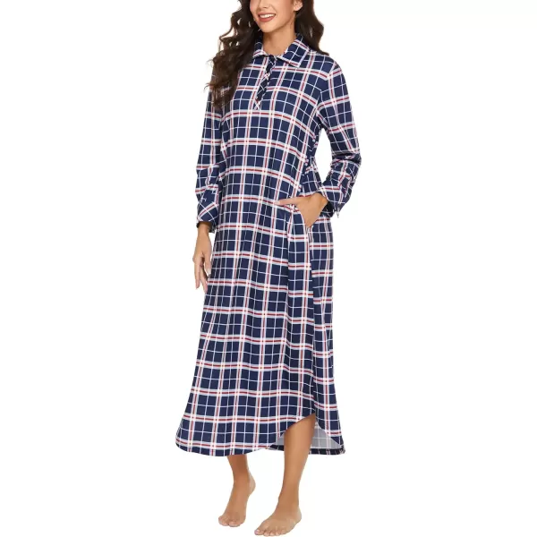 Ekouaer Womens Nightgown Long Sleeve Nightshirt Full Length Loungewear Plaid Sleepwear With PocketsNavy Blue