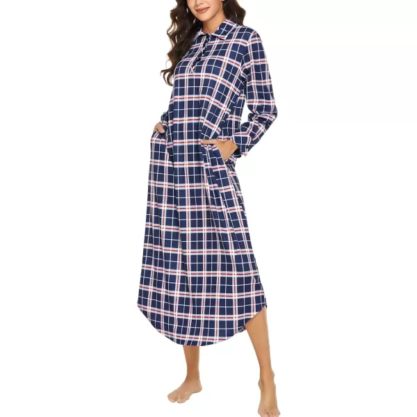 Ekouaer Womens Nightgown Long Sleeve Nightshirt Full Length Loungewear Plaid Sleepwear With PocketsNavy Blue