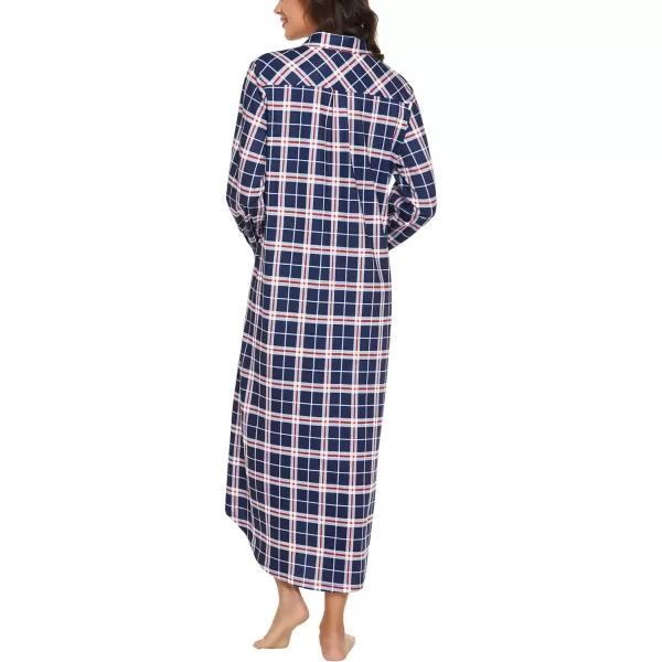 Ekouaer Womens Nightgown Long Sleeve Nightshirt Full Length Loungewear Plaid Sleepwear With PocketsNavy Blue