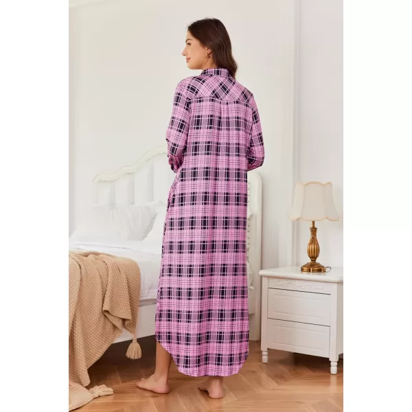 Ekouaer Womens Nightgown Long Sleeve Nightshirt Full Length Loungewear Plaid Sleepwear With PocketsPink Plaid