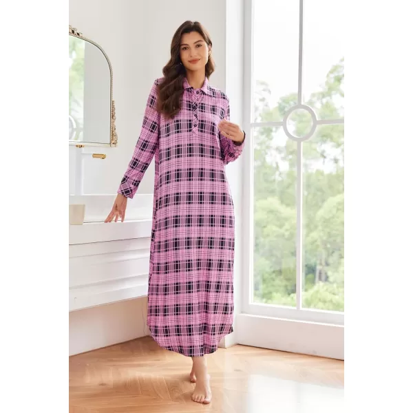 Ekouaer Womens Nightgown Long Sleeve Nightshirt Full Length Loungewear Plaid Sleepwear With PocketsPink Plaid