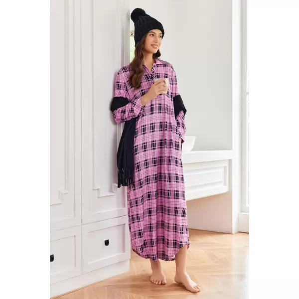 Ekouaer Womens Nightgown Long Sleeve Nightshirt Full Length Loungewear Plaid Sleepwear With PocketsPink Plaid