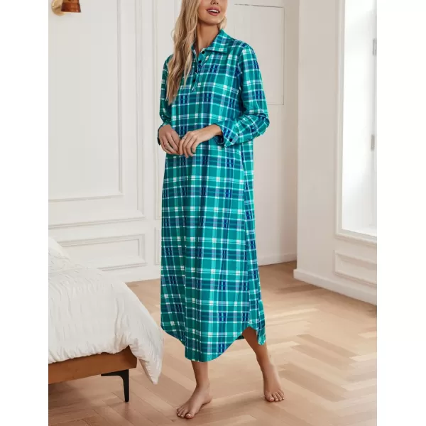 Ekouaer Womens Nightgown Long Sleeve Nightshirt Full Length Loungewear Plaid Sleepwear With PocketsTurquoise Plaid