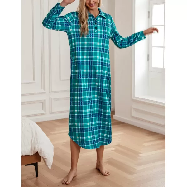 Ekouaer Womens Nightgown Long Sleeve Nightshirt Full Length Loungewear Plaid Sleepwear With PocketsTurquoise Plaid