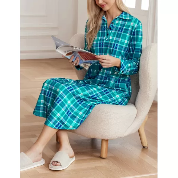 Ekouaer Womens Nightgown Long Sleeve Nightshirt Full Length Loungewear Plaid Sleepwear With PocketsTurquoise Plaid