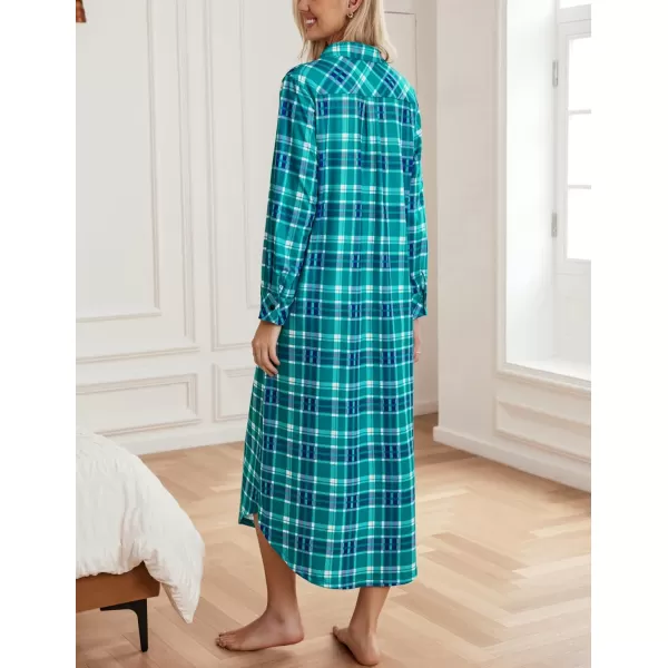 Ekouaer Womens Nightgown Long Sleeve Nightshirt Full Length Loungewear Plaid Sleepwear With PocketsTurquoise Plaid