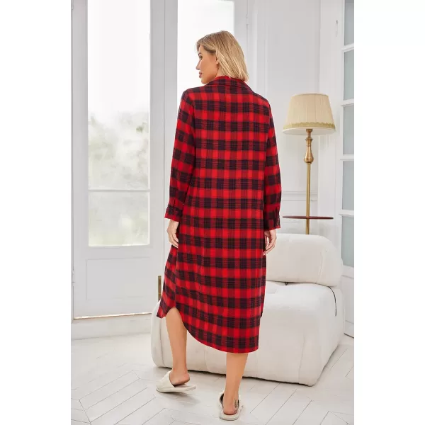 Ekouaer Womens Nightgown Plaid Flannel Warm Cotton Christmas Nightgown Sleep Shirt ButtonFront Nightshirt SleepwearBlack Red 2