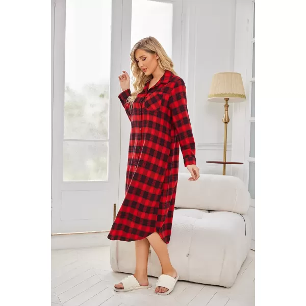 Ekouaer Womens Nightgown Plaid Flannel Warm Cotton Christmas Nightgown Sleep Shirt ButtonFront Nightshirt SleepwearBlack Red 2