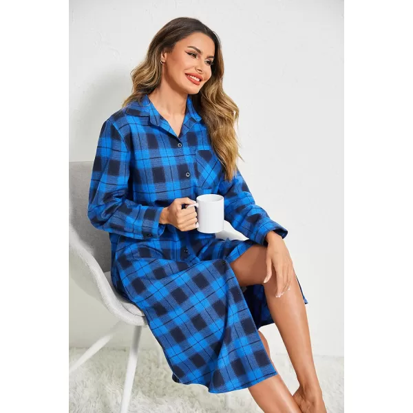 Ekouaer Womens Nightgown Plaid Flannel Warm Cotton Christmas Nightgown Sleep Shirt ButtonFront Nightshirt SleepwearBlue