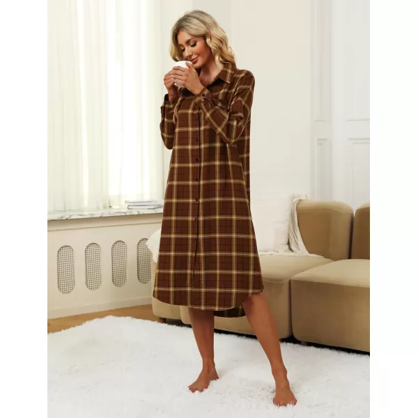 Ekouaer Womens Nightgown Plaid Flannel Warm Cotton Christmas Nightgown Sleep Shirt ButtonFront Nightshirt SleepwearBrown 18