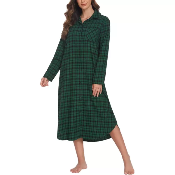 Ekouaer Womens Nightgown Plaid Flannel Warm Cotton Christmas Nightgown Sleep Shirt ButtonFront Nightshirt SleepwearGreen