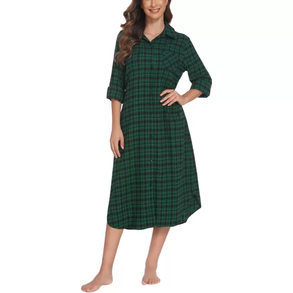 Ekouaer Womens Nightgown Plaid Flannel Warm Cotton Christmas Nightgown Sleep Shirt ButtonFront Nightshirt SleepwearGreen