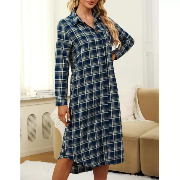 Ekouaer Womens Nightgown Plaid Flannel Warm Cotton Christmas Nightgown Sleep Shirt ButtonFront Nightshirt SleepwearNavy 19