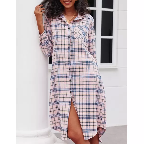Ekouaer Womens Nightgown Plaid Flannel Warm Cotton Christmas Nightgown Sleep Shirt ButtonFront Nightshirt SleepwearPink 21