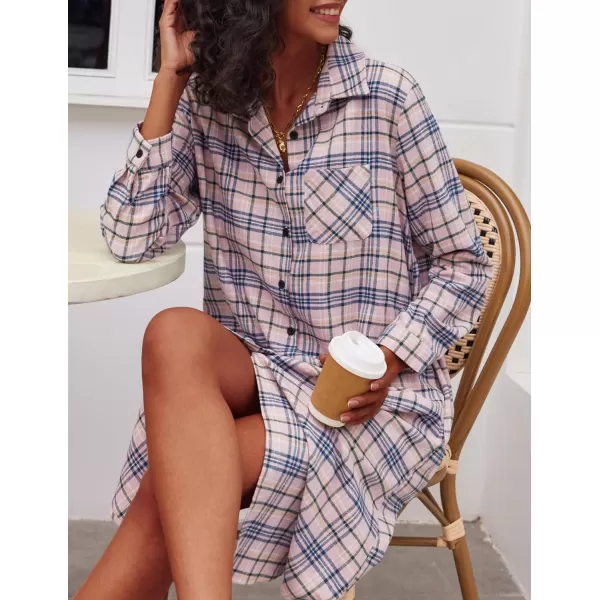 Ekouaer Womens Nightgown Plaid Flannel Warm Cotton Christmas Nightgown Sleep Shirt ButtonFront Nightshirt SleepwearPink 21